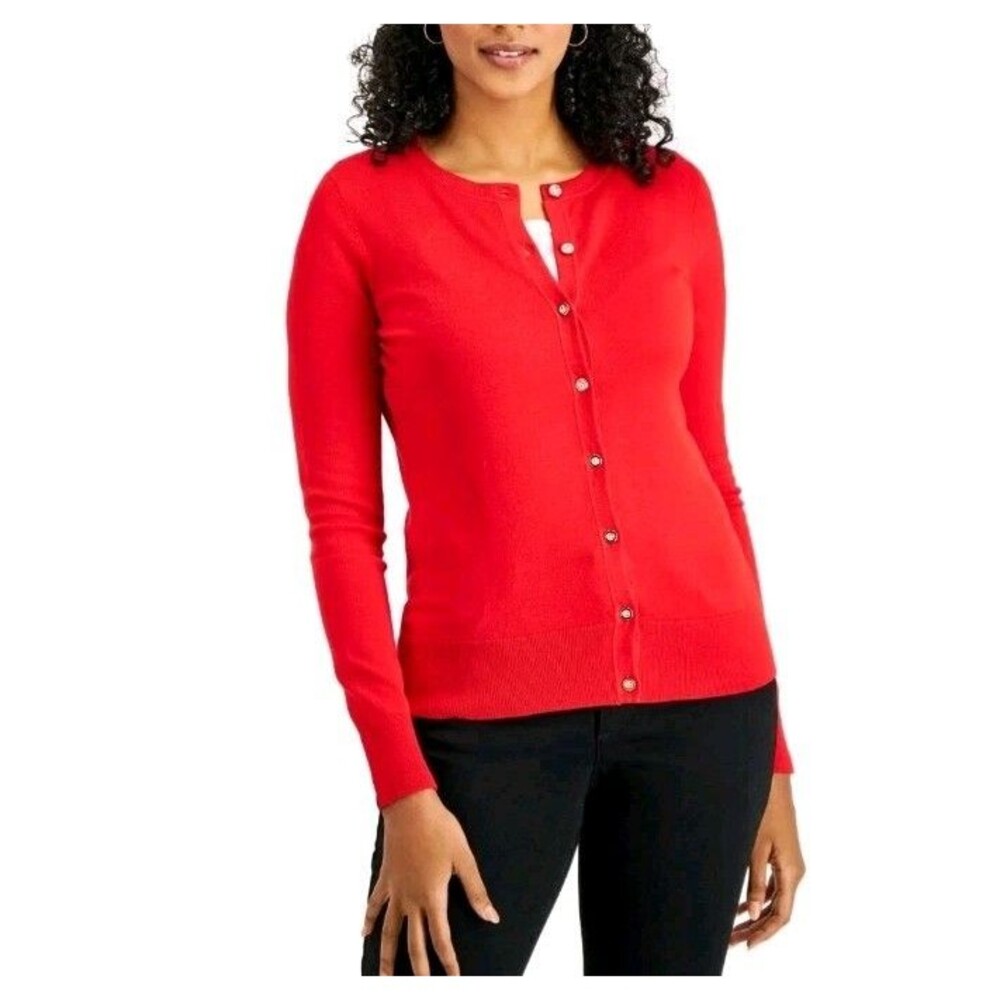 Charter Club Red 2 Ply Cashmere Cardigan Sweater Size LG Mother pearl Buttons